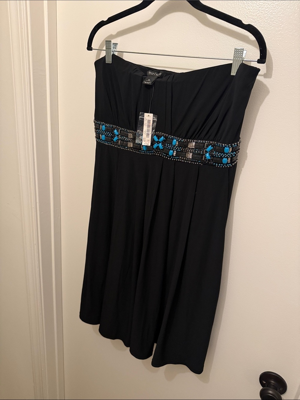 White House Black Market Black Strapless Dress with Turquoise Bead Trim